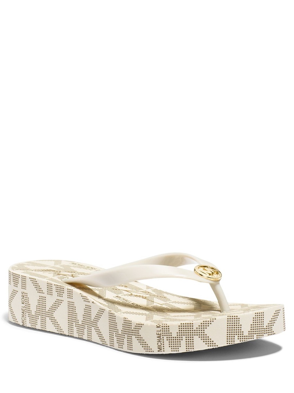 Michael Kors Logo Wedge Flip Sandals with Gold Monogram Accent